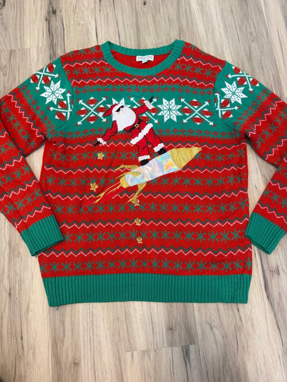 Mens XL Holiday Hype Rocket Santa Ugly Christmas Sweater Rocketman Cool Santa